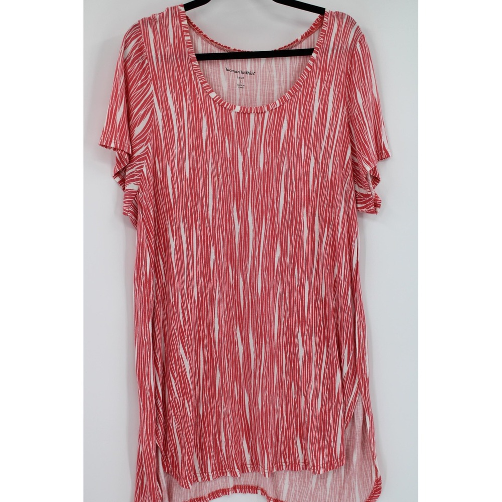 Woman Within Shirt Womens Large 18/20 Red White Print Short Sleeve Tunic Top